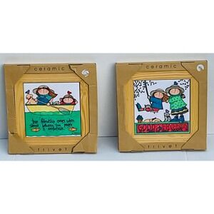 Set of 2 Sue Dreamer ceramic‎ tiles trivets new retro Friendship Gifts wall art